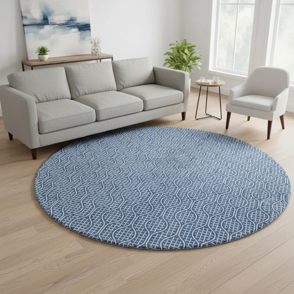 HomeRoots 8' Navy Blue & Ivory Geometric Round Rug - Washable, UV-Protected, Perfect for High-Traffic Areas 673642