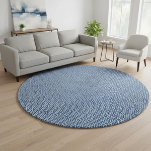 HomeRoots 8' Navy Blue & Ivory Geometric Round Rug - Washable, UV-Protected, Perfect for High-Traffic Areas 673642