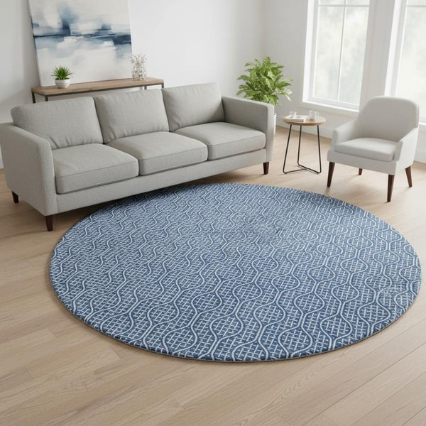 HomeRoots 8' Navy Blue & Ivory Geometric Round Rug - Washable, UV-Protected, Perfect for High-Traffic Areas 673642