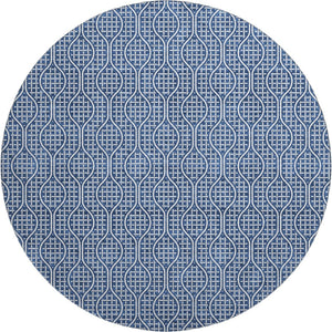 HomeRoots 8' Navy Blue & Ivory Geometric Round Rug - Washable, UV-Protected, Perfect for High-Traffic Areas 673642