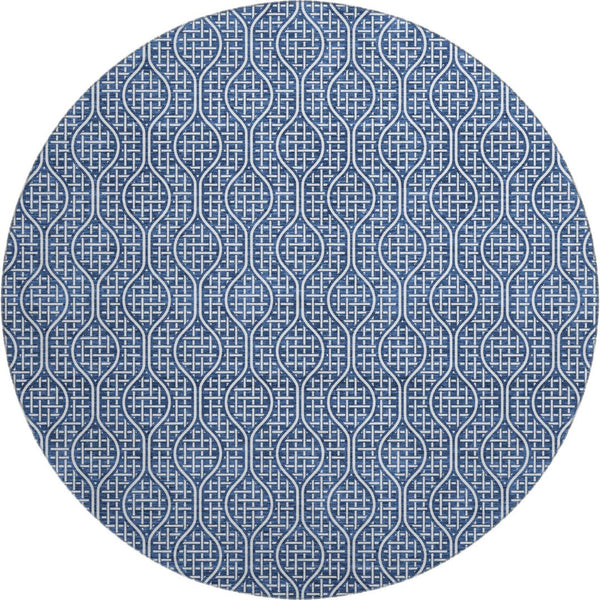 HomeRoots 8' Navy Blue & Ivory Geometric Round Rug - Washable, UV-Protected, Perfect for High-Traffic Areas 673642
