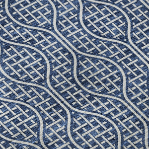 HomeRoots 8' Navy Blue & Ivory Geometric Round Rug - Washable, UV-Protected, Perfect for High-Traffic Areas 673642