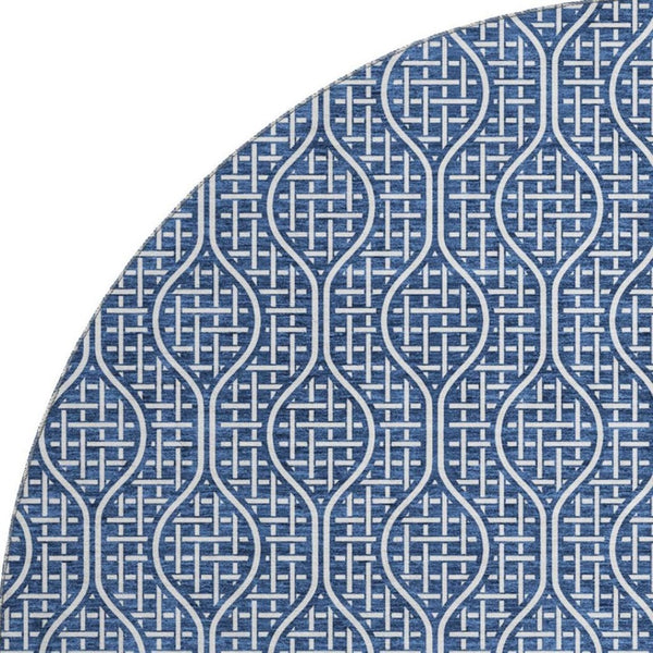 HomeRoots 8' Navy Blue & Ivory Geometric Round Rug - Washable, UV-Protected, Perfect for High-Traffic Areas 673642