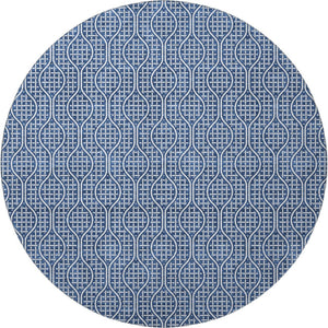 HomeRoots 8' Navy Blue & Ivory Geometric Round Rug - Washable, UV-Protected, Perfect for High-Traffic Areas 673642