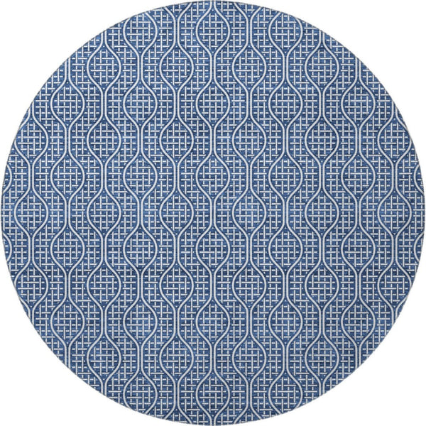 HomeRoots 8' Navy Blue & Ivory Geometric Round Rug - Washable, UV-Protected, Perfect for High-Traffic Areas 673642