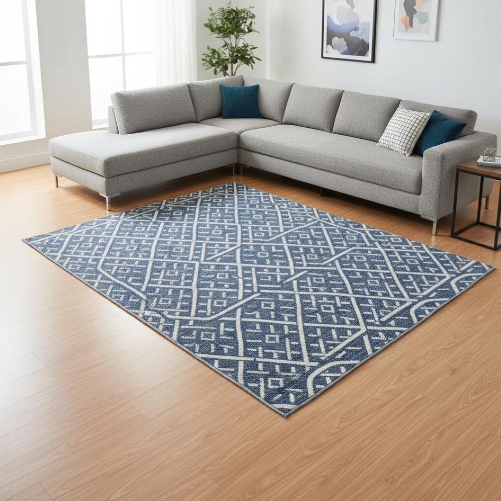 HomeRoots 8' X 10' Navy Blue & Ivory Geometric Area Rug - Washable, UV Protected, Perfect for High-Traffic Spaces 673643