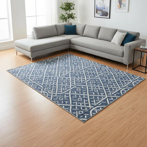 HomeRoots 8' X 10' Navy Blue & Ivory Geometric Area Rug - Washable, UV Protected, Perfect for High-Traffic Spaces 673643