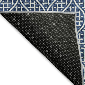HomeRoots 8' X 10' Navy Blue & Ivory Geometric Area Rug - Washable, UV Protected, Perfect for High-Traffic Spaces 673643