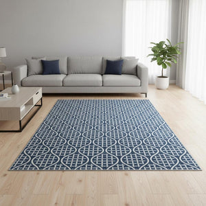 HomeRoots 9' X 12' Navy Blue Geometric Area Rug – Washable, UV-Protected, Durable Design for Modern Spaces 673644