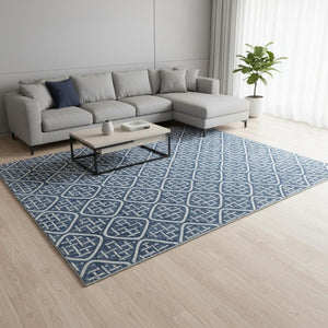 HomeRoots 10' Navy Blue and Ivory Geometric Area Rug - Washable, UV-Protected, Durable Design for Homes 673645