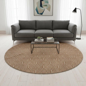HomeRoots 8' Modern Rust and Ivory Geometric Round Rug – Washable, UV Protected, Stain Resistant, Durable Design 673648