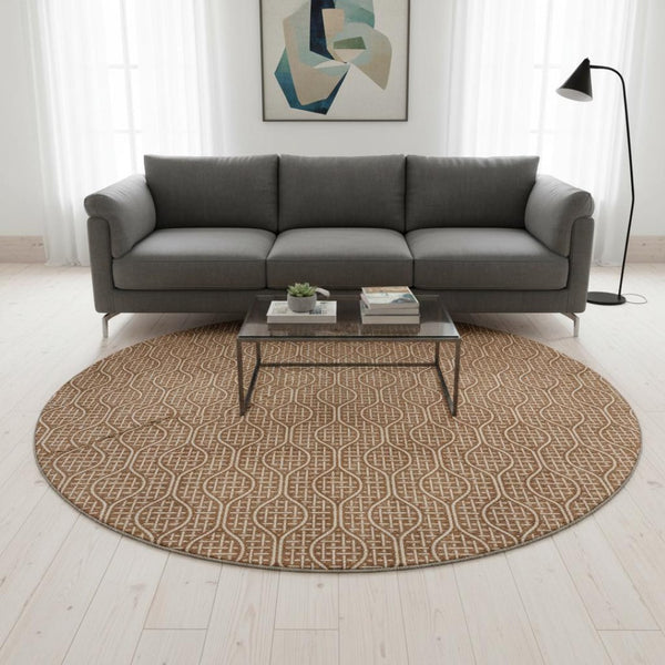 HomeRoots 8' Modern Rust and Ivory Geometric Round Rug – Washable, UV Protected, Stain Resistant, Durable Design 673648