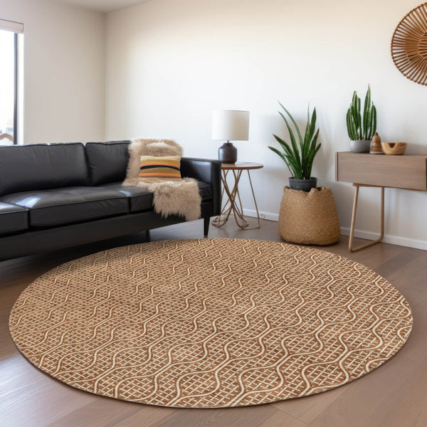 HomeRoots 8' Modern Rust and Ivory Geometric Round Rug – Washable, UV Protected, Stain Resistant, Durable Design 673648