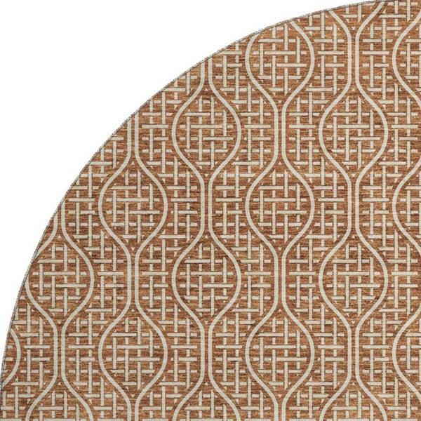 HomeRoots 8' Modern Rust and Ivory Geometric Round Rug – Washable, UV Protected, Stain Resistant, Durable Design 673648