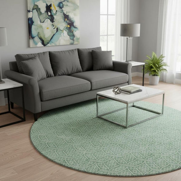 HomeRoots 8' Sage and Ivory Round Rug - Stylish Geometric Design with UV Protection and Washable Convenience 673654