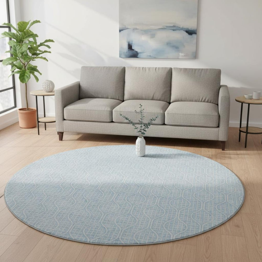 HomeRoots 8' Sky Blue Geometric Round Rug - Washable, UV Protected, Ideal for High-Traffic & Kid-Friendly Homes 673660