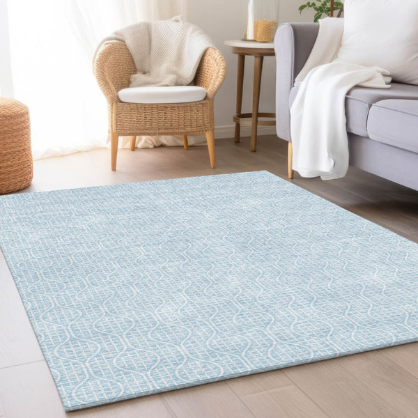HomeRoots 9' X 12' Sky Blue and Ivory Geometric Area Rug - Washable, UV Protected, Stylish for High-Traffic Spaces 673662