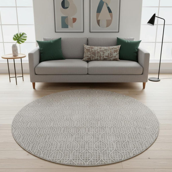 HomeRoots 8' Stylish Taupe and Ivory Geometric Round Rug - Washable, UV Protected, Perfect for High-Traffic Areas 673666
