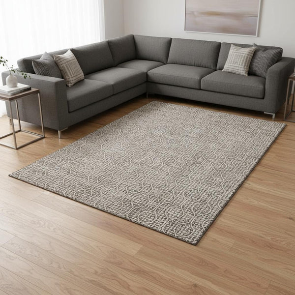 HomeRoots 8' X 10' Taupe and Ivory Geometric Area Rug - Durable, Washable & UV Protected for Modern Spaces 673667