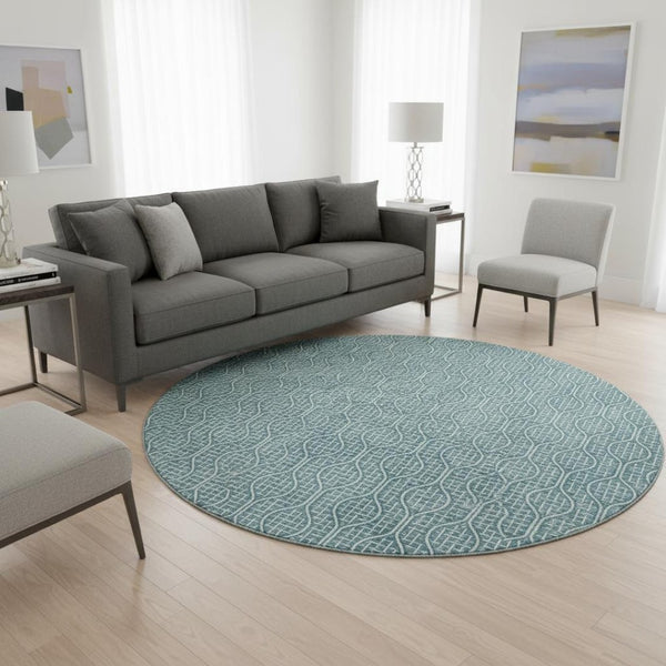 HomeRoots 8' Teal and Ivory Geometric Round Rug - Washable, Stain-Resistant, and UV-Protected for Any Space 673672