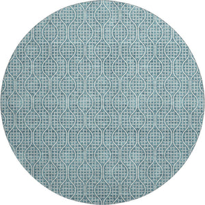 HomeRoots 8' Teal and Ivory Geometric Round Rug - Washable, Stain-Resistant, and UV-Protected for Any Space 673672