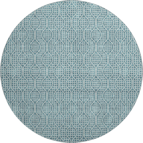 HomeRoots 8' Teal and Ivory Geometric Round Rug - Washable, Stain-Resistant, and UV-Protected for Any Space 673672