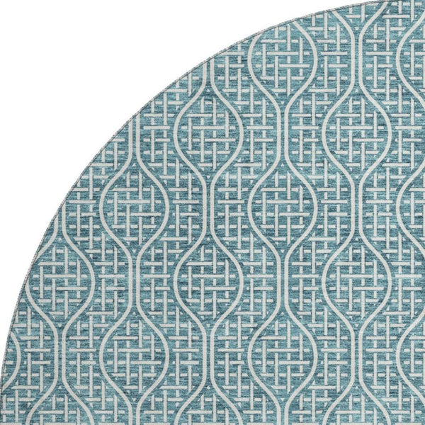 HomeRoots 8' Teal and Ivory Geometric Round Rug - Washable, Stain-Resistant, and UV-Protected for Any Space 673672