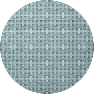 HomeRoots 8' Teal and Ivory Geometric Round Rug - Washable, Stain-Resistant, and UV-Protected for Any Space 673672