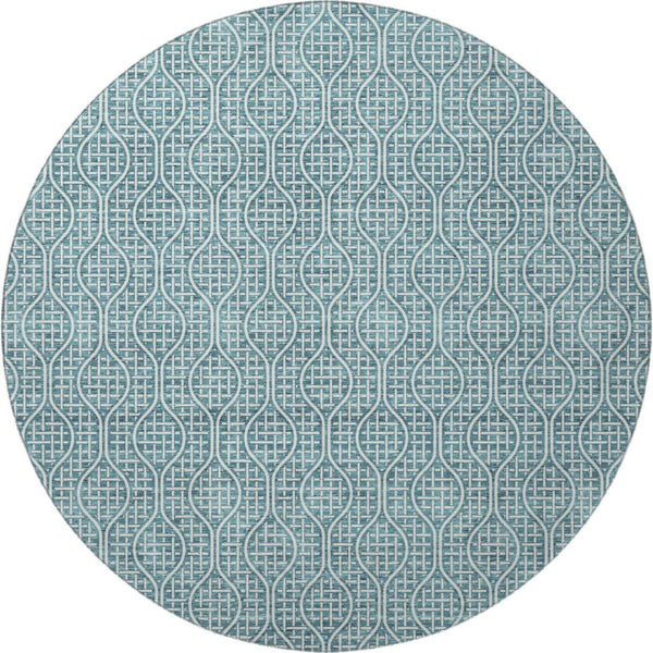 HomeRoots 8' Teal and Ivory Geometric Round Rug - Washable, Stain-Resistant, and UV-Protected for Any Space 673672