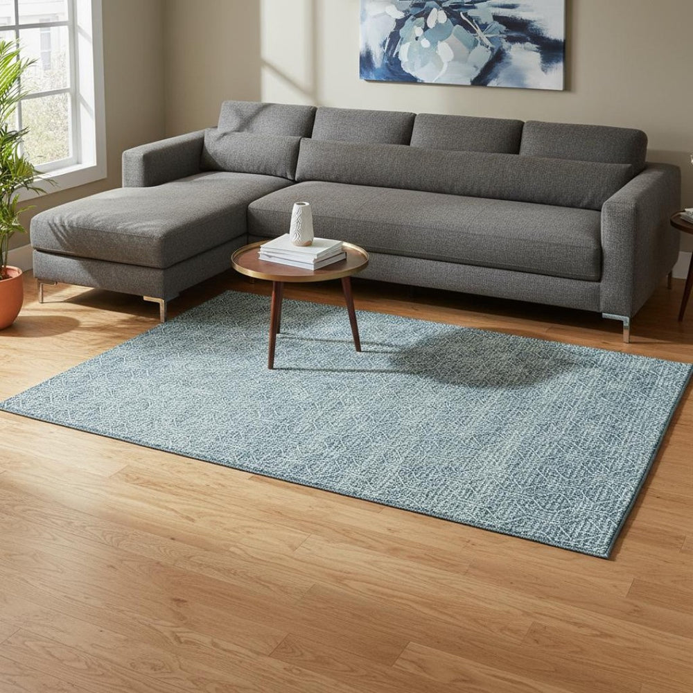 HomeRoots 8' X 10' Contemporary Teal & Ivory Geometric Washable Area Rug - Stain Resistant with UV Protection 673673