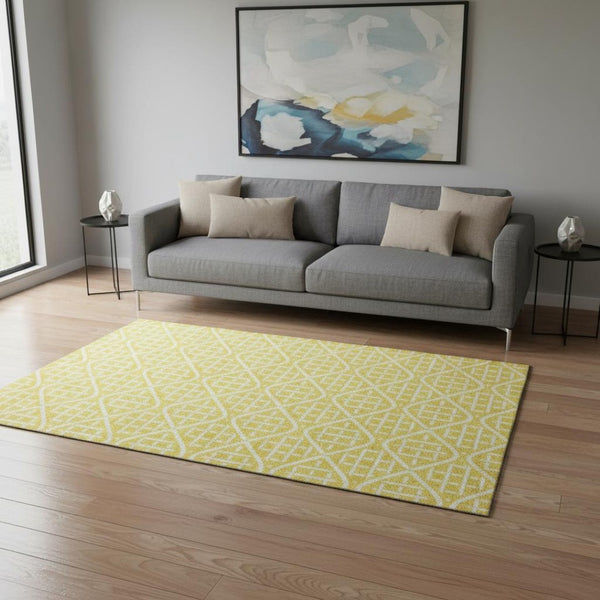 HomeRoots 5' x 8' Yellow and Ivory Geometric Area Rug - Washable, UV-Protected, Durable for Modern Interiors 673677