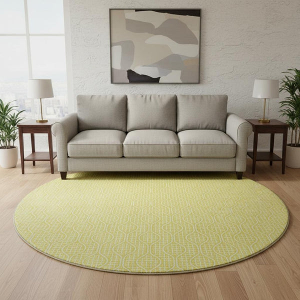 HomeRoots 8' Yellow and Ivory Geometric Round Rug – Washable, UV-Protected, Stylish for High-Traffic Areas 673678