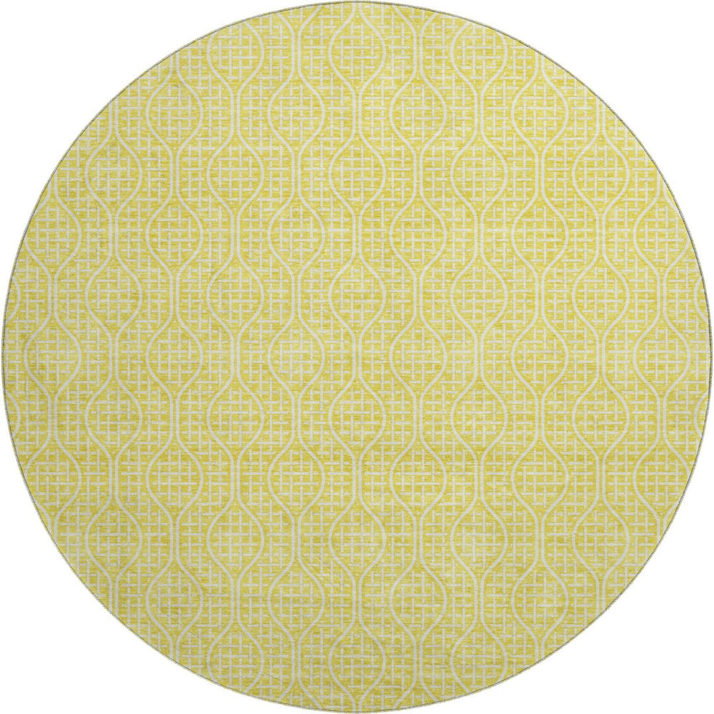 HomeRoots 8' Yellow and Ivory Geometric Round Rug – Washable, UV-Protected, Stylish for High-Traffic Areas 673678