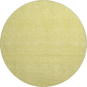 HomeRoots 8' Yellow and Ivory Geometric Round Rug – Washable, UV-Protected, Stylish for High-Traffic Areas 673678