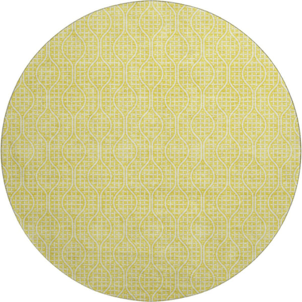 HomeRoots 8' Yellow and Ivory Geometric Round Rug – Washable, UV-Protected, Stylish for High-Traffic Areas 673678