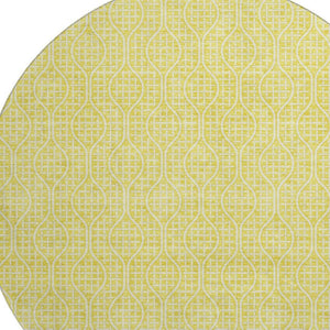 HomeRoots 8' Yellow and Ivory Geometric Round Rug – Washable, UV-Protected, Stylish for High-Traffic Areas 673678