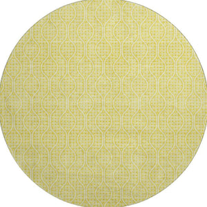 HomeRoots 8' Yellow and Ivory Geometric Round Rug – Washable, UV-Protected, Stylish for High-Traffic Areas 673678