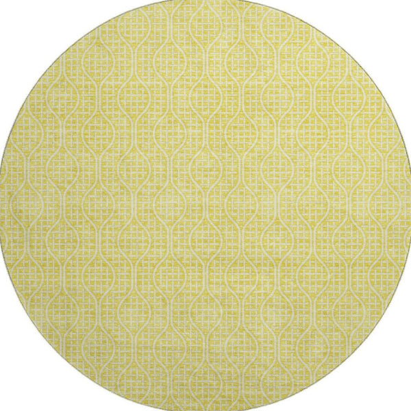 HomeRoots 8' Yellow and Ivory Geometric Round Rug – Washable, UV-Protected, Stylish for High-Traffic Areas 673678