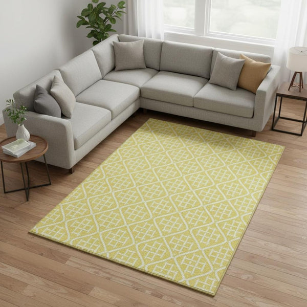 HomeRoots 8' X 10' Stylish Yellow and Ivory Geometric Washable Area Rug with UV Protection for High-Traffic Spaces 673679