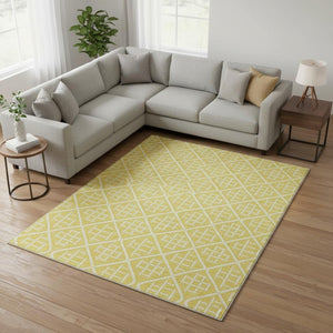 HomeRoots 9' X 12' Yellow and Ivory Geometric Area Rug - Stylish, Washable, UV-Protected for Homes with Kids & Pets 673680
