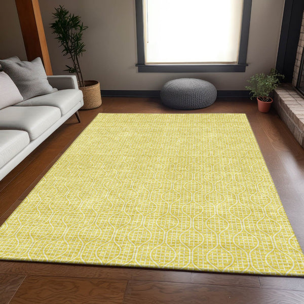 HomeRoots 9' X 12' Yellow and Ivory Geometric Area Rug - Stylish, Washable, UV-Protected for Homes with Kids & Pets 673680