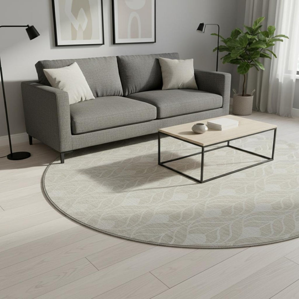 HomeRoots 8' Beige and Ivory Geometric Round Rug – Washable, UV Protected, Durable for High-Traffic Spaces! 673684