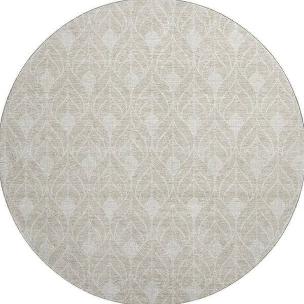 HomeRoots 8' Beige and Ivory Geometric Round Rug – Washable, UV Protected, Durable for High-Traffic Spaces! 673684