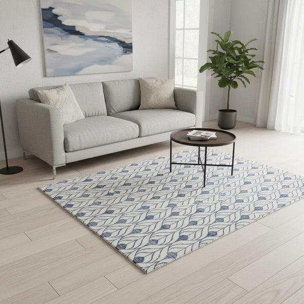 HomeRoots 5' X 8' Blue and Ivory Geometric Area Rug - Washable, UV Protected, Perfect for High Traffic Areas! 673689