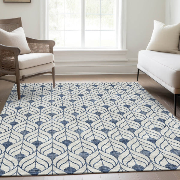 HomeRoots 5' X 8' Blue and Ivory Geometric Area Rug - Washable, UV Protected, Perfect for High Traffic Areas! 673689