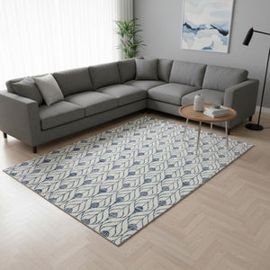 HomeRoots 8' X 10' Blue And Ivory Geometric Area Rug – Washable, UV Protected, Stain-Resistant for Modern Homes 673691