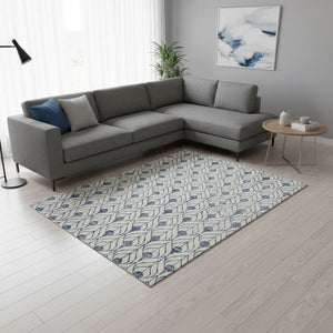 HomeRoots 9' X 12' Stylish Blue and Ivory Geometric Area Rug - Washable, Stain Resistant, UV Protected Design 673692
