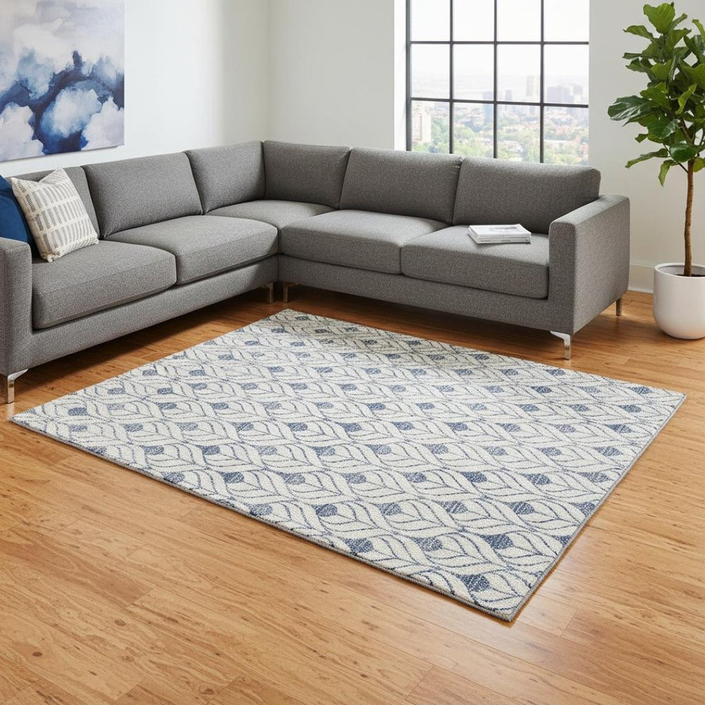 HomeRoots 10' X 14' Blue and Ivory Geometric Washable Area Rug - UV Protected, Stain-Resistant, Durable Design! 673693
