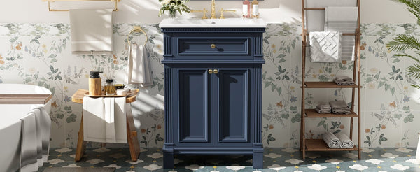 English Elm 24'' Carved Farmhouse Bathroom Vanity with Ceramic Sink Soft Close Storage Cabinet Blue N710P446530C