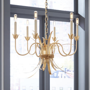 Wildwood Mignon Gold Leaf Chandelier With Rope-Wrapped Leaves — 6 Candle Vintage Romantic Lighting Fixture For Dining 67370